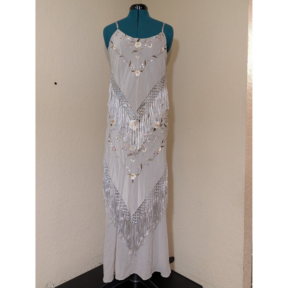 Aris.A 100% Silk‎ Embroidered Fringe Flapper Maxi Dress Gray Medium